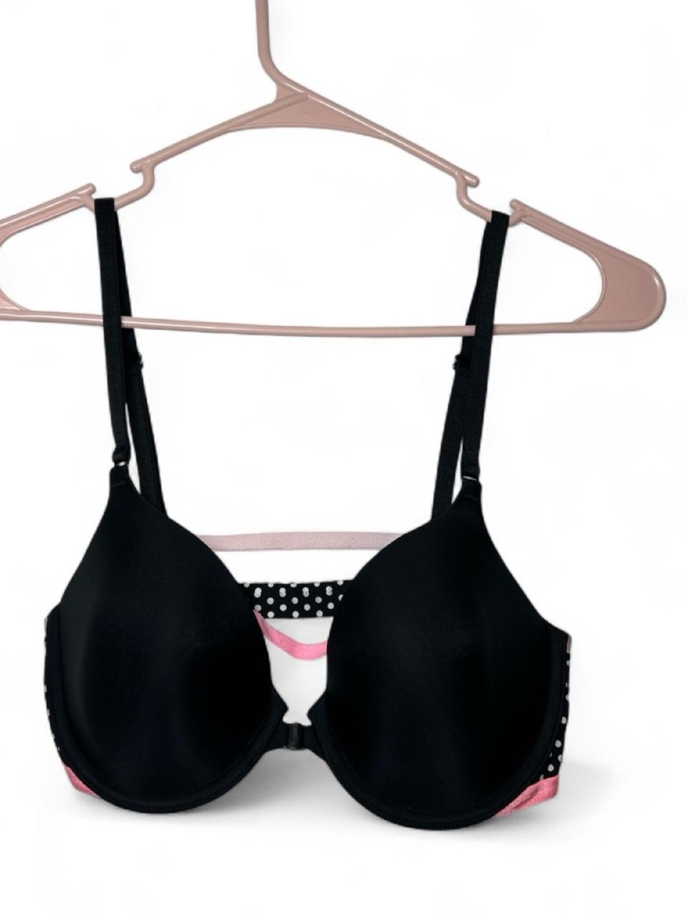 Victoria’s Secret Black with pink, white  & white/black polka dots trim bra 34C